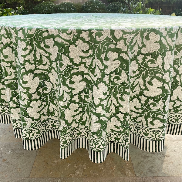 Nappe ronde Pantone vert artichaut, couverture de table en tissu de coton imprimé floral indien à la main, linge de table pour mariage, décoration d'intérieur