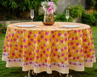 Tangerine Orange and Bubblegum Pink Indian Floral Design Hand Block Printed Cotton Round Tablecloth Wedding Event Party Home Restaurant Gift