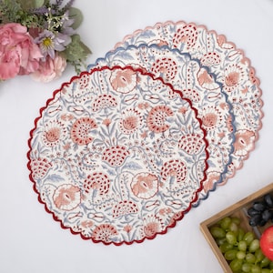 Pigeon Blue, Flamingo Pink Table Mats, Indian Hand Block Printed Cotton Cloth Embroidery Scallops Washable Table Mats, Set of 2,4,6,12,24,48