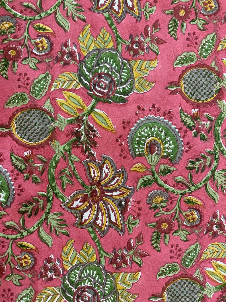 Coral Pink Forest Green Table Cover Floral Design Hand Block Etsy