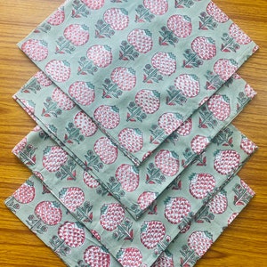 Sage Green, Cherry Red Indian Hand Block Floral Printed Pure Cotton Cloth Napkins, Bandana, Head Cover, Kitchen Dining Room Bar, Unique Gift