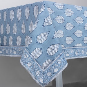 Stone Blue Indian Hand Block Leaves Printed Cotton Tablecloth, Table Cover for Wedding Event Picnic Home Restaurant Farmhouse Coffee Table