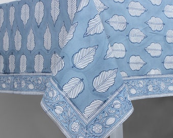 Stone Blue Indian Hand Block Leaves Printed Cotton Tablecloth, Table Cover for Wedding Event Picnic Home Restaurant Farmhouse Coffee Table