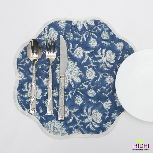 Table Mat Royal Blue and White India Block Print Flower Etsy