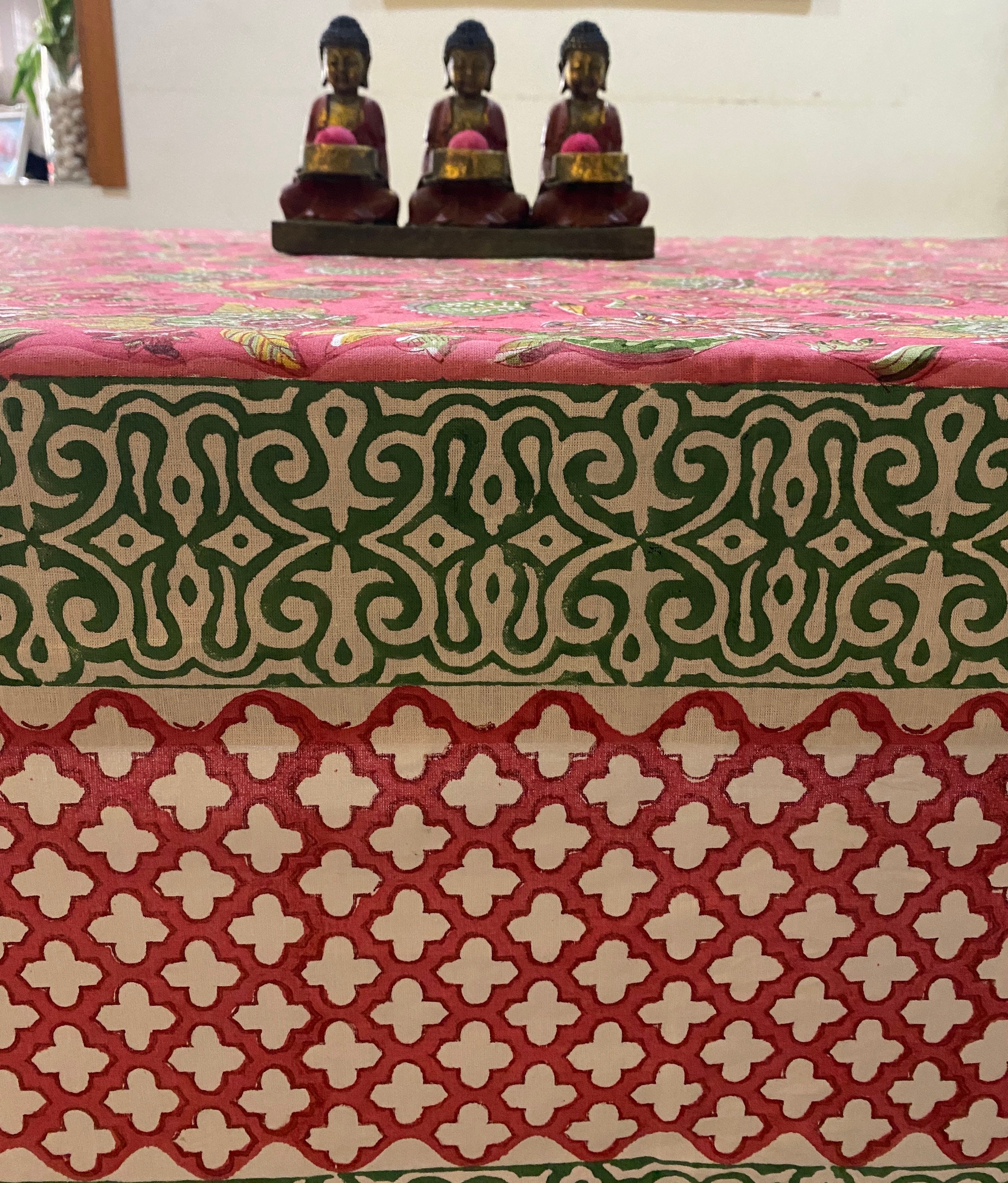 Coral Pink Forest Green Table Cover Floral Design Hand Block Etsy
