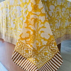 Saffron Yellow Indian Hand Block Floral Printed Cotton Tablecloth, Dining Table Cover, Overlays, Wedding Events Party Picnic Restaurant Gift