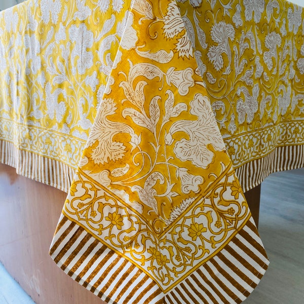 Saffron Yellow Indian Hand Block Floral Printed Cotton Tablecloth, Dining Table Cover, Overlays, Wedding Events Party Picnic Restaurant Gift