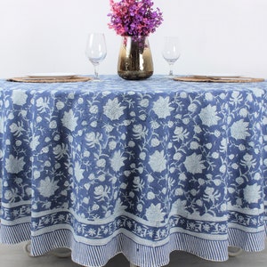 Prussian Blue and White Indian Floral Hand Block Printed Cotton Cloth Round Tablecloth for Party Wedding Farmhouse Home Decor Outdoor Patio