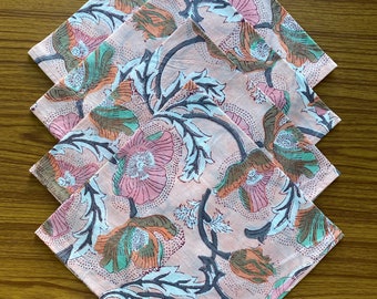 Salmon Pink, Teal, Grey Indian Hand Floral Hand Block Printed Cotton Cloth Napkins, Wedding Events Home Party, 9x9"- Cocktail 20x20"- Dinner