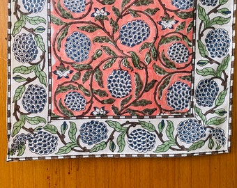 Dark Salmon Pink, Sage Green, Delft Blue Indian Floral Hand Block Printed Cotton Cloth Table Runners, Wedding Events Home Party Decor Gifts