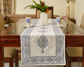 White and Blue Indian Hand Block Floral Printed Cotton Cloth Table Runner, Farmhouse Outdoor Wedding Home Decor Party Events Console Gifts