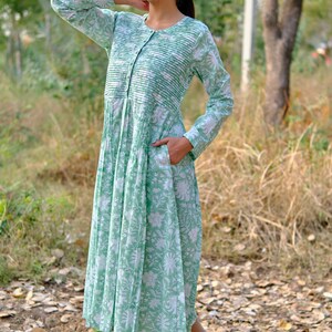 Mint Green and White Indian Block Printed Top, Long Tunic With Pockets ...