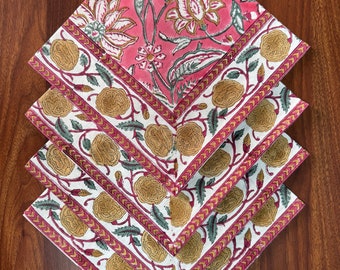 Serviettes de table en tissu pur coton rose bonbon florales indiennes imprimées au bloc pour événements de mariage, cadeaux de fête à la maison, taille 20 x 20 po., lot de 4,6,12,24,48