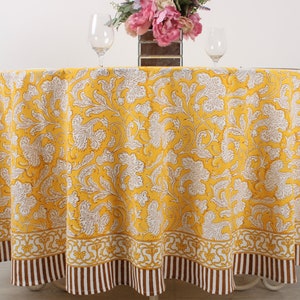 Saffron Yellow Round Tablecloth, Indian Floral Block Printed Cotton Table Cover, Wedding Party Home Decor Events Farmhouse Console Birthday