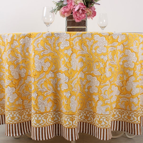 Nappe ronde jaune safran, nappe indienne en coton à motifs floraux, décoration de fête de mariage, événements, ferme, console, anniversaire