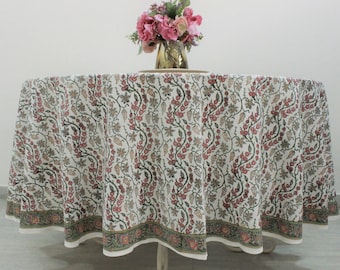Coral Pink, Hunter Green Round Tablecloth, Floral Block Printed Cotton Table Cover for Party Wedding Farmhouse Housewarming Home Restaurant