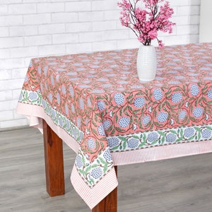 Dark Salmon Pink, Sage Green, Delft Blue Indian Hand Block Printed Tablecloth, Table Cover, Linen Set, Farmhouse Decor, Wedding Tablecloth zdjęcie 3