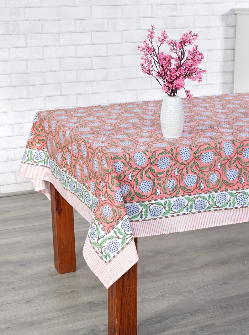 Dark Salmon Pink, Sage Green, Delft Blue Indian Hand Block Printed Tablecloth, Table Cover, Linen Set, Farmhouse Decor, Wedding Tablecloth image 3
