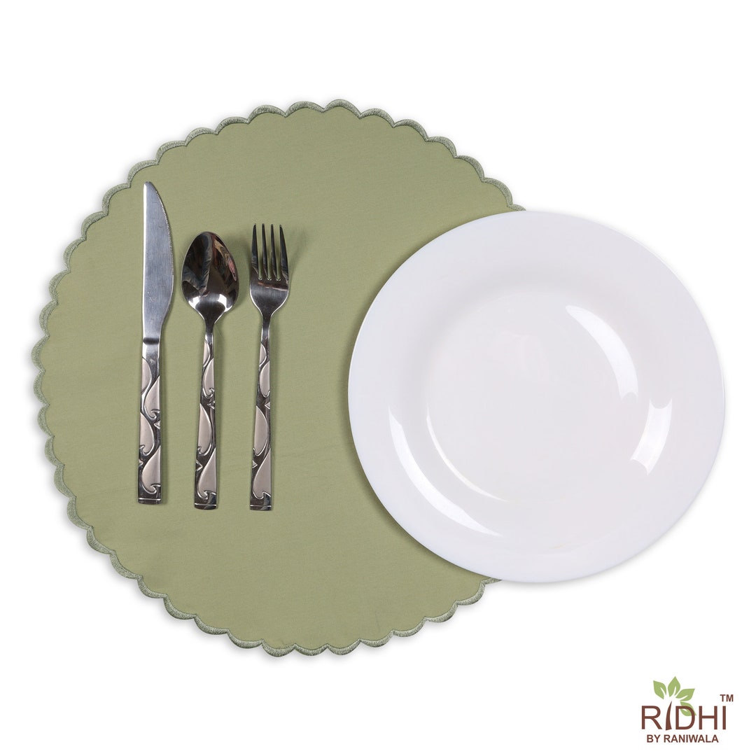 Green Table Mat, Embroidery Scallops Mats, Cotton Set of Housewarming