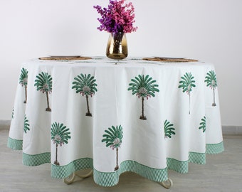 Pine Green Palm Round Tablecloth, Indian Floral Hand Block Printed Cotton Cloth Table cover for Home Decor Party Wedding Home Events Outdoor