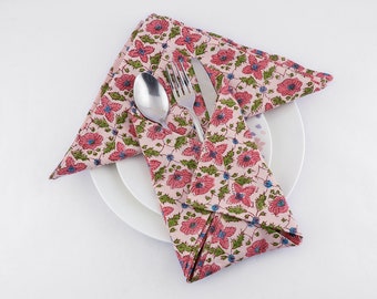 Salmon and Punch Pink, Forest Green Indian Hand Block Printed Cotton Cloth Napkins, Wedding Events Home Party, 9x9"- Cocktail 20x20"- Dinner