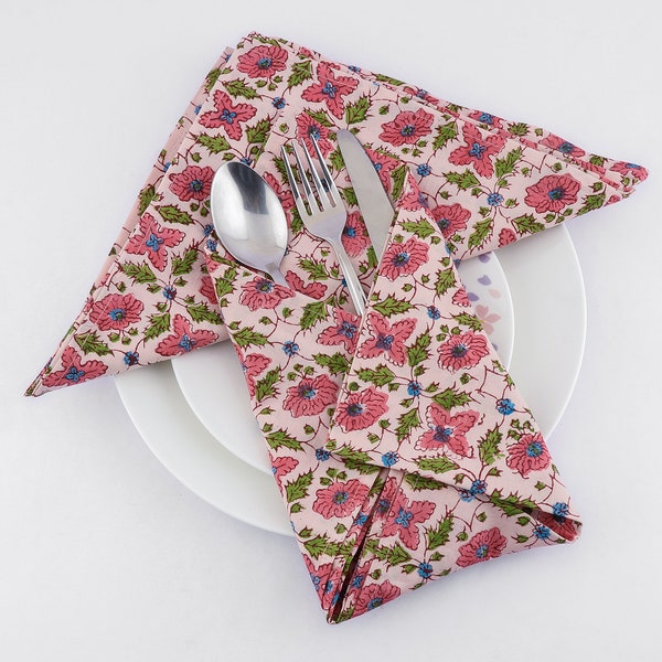 Salmon and Punch Pink, Forest Green Indian Hand Block Printed Cotton Cloth Napkins, Wedding Events Home Party, 9x9"- Cocktail 20x20"- Dinner