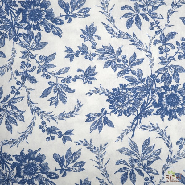 Incremental Blue and White Indian Floral Printed 100% Pure Cotton Cloth, Fabric by the Yard, Curtains Pillows Cushion Chair Cover Tablecloth