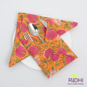 Tangerine Orange, Bubblegum Pink Indian Floral Hand Block Printed Pure Cotton Cloth Napkins Mother's Day Gift 9x9"- Cocktail 20x20"- Dinner