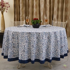Denim and Baby Blue Floral Hand Block Printed Pure Cotton Round Tablecloth, Table Cover for Wedding Home Decor Outdoor Garden Patio Gifts
