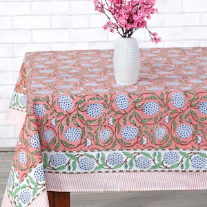 Dark Salmon Pink, Sage Green, Delft Blue Indian Hand Block Printed Tablecloth, Table Cover, Linen Set, Farmhouse Decor, Wedding Tablecloth zdjęcie 2