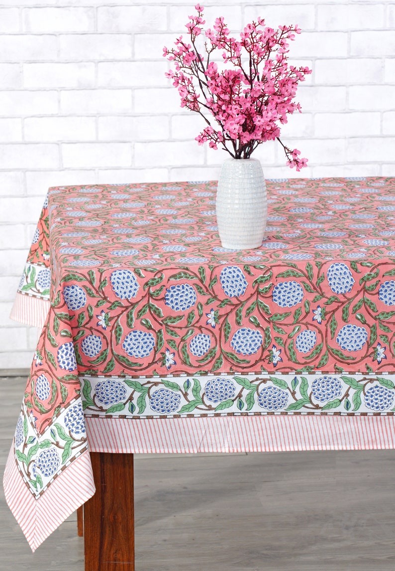 Dark Salmon Pink, Sage Green, Delft Blue Indian Hand Block Printed Tablecloth, Table Cover, Linen Set, Farmhouse Decor, Wedding Tablecloth image 2