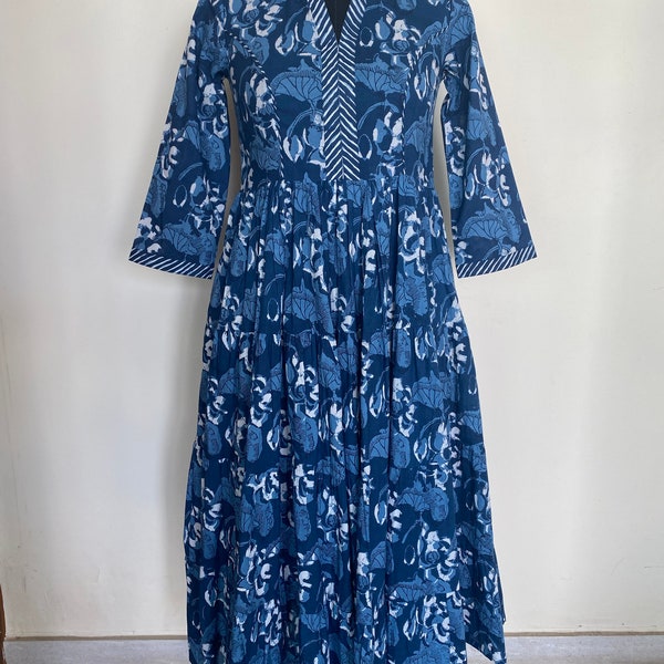 Denim and Aegean Blue Indian Print Long Dress With Pockets, Bridesmaids dress, Gift for Mom, Lightweight Summer Dress, Printed Top