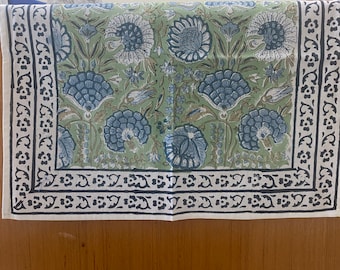 Asparagus Green, Airforce Blue Indian Floral Hand Block Printed Cotton Cloth Table Runner Wedding Events Home Decor Party Console Side Table