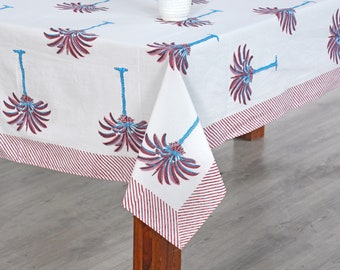 Tablecloth, Palm Design Hand Block Printed Cotton Cloth Table Cover, Linen Set for Wedding Party Home Restaurant Outdoor Garden Side Table