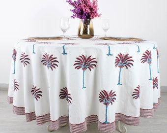 Red Palm Tree Round Tablecloth, Indian Hand Block Printed Cotton Cloth Table cover for Party Wedding Events Picnic Home Decor Outdoor Garden