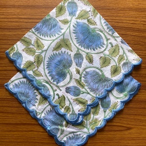 Cornflower Blue, Russian Green Indian Floral Block Printed Cotton Cloth Napkins, Wedding Event Party Birthday, 9x9"-Cocktail 20x20"-Dinner