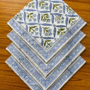 Light Steel Blue, Olive Green Indian Floral Hand Block Printed Cotton Cloth Napkins Size 20x20" Set of 4,6,12,24,48 Wedding Event Home Decor