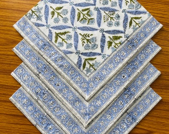 Light Steel Blue, Olive Green Indian Floral Hand Block Printed Cotton Cloth Napkins Size 20x20" Set of 4,6,12,24,48 Wedding Event Home Decor