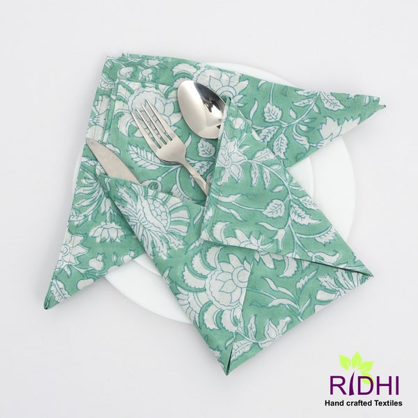 Mint Green and  White Indian Hand Block Printed Cotton Cloth Napkins, Wedding Decor Home Party Restaurant, 9x9"- Cocktail 20x20"- Dinner