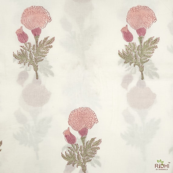 Indian 3 Yard Hand Block Pink Floral Print 100% Cotton Dressmaking Craft  Fabric