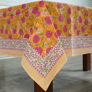 Tangerine Orange, Bubblegum Pink Indian Hand Block Floral Printed Cotton Tablecloth, Table Cover, Linen Set, Wedding Events Home Party Gifts