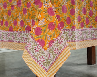 Tangerine Orange, Bubblegum Pink Indian Hand Block Floral Printed Cotton Tablecloth, Table Cover, Linen Set, Wedding Events Home Party Gifts