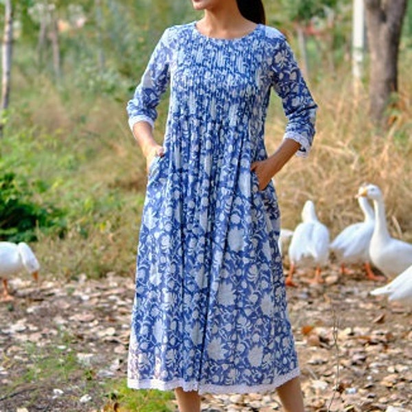 Long Kurti With Pockets, Indian Bridesmaids dress, Gift for her, Gift for Mom, Pleated Top with Lace, Summer Dress, India Block Print Top