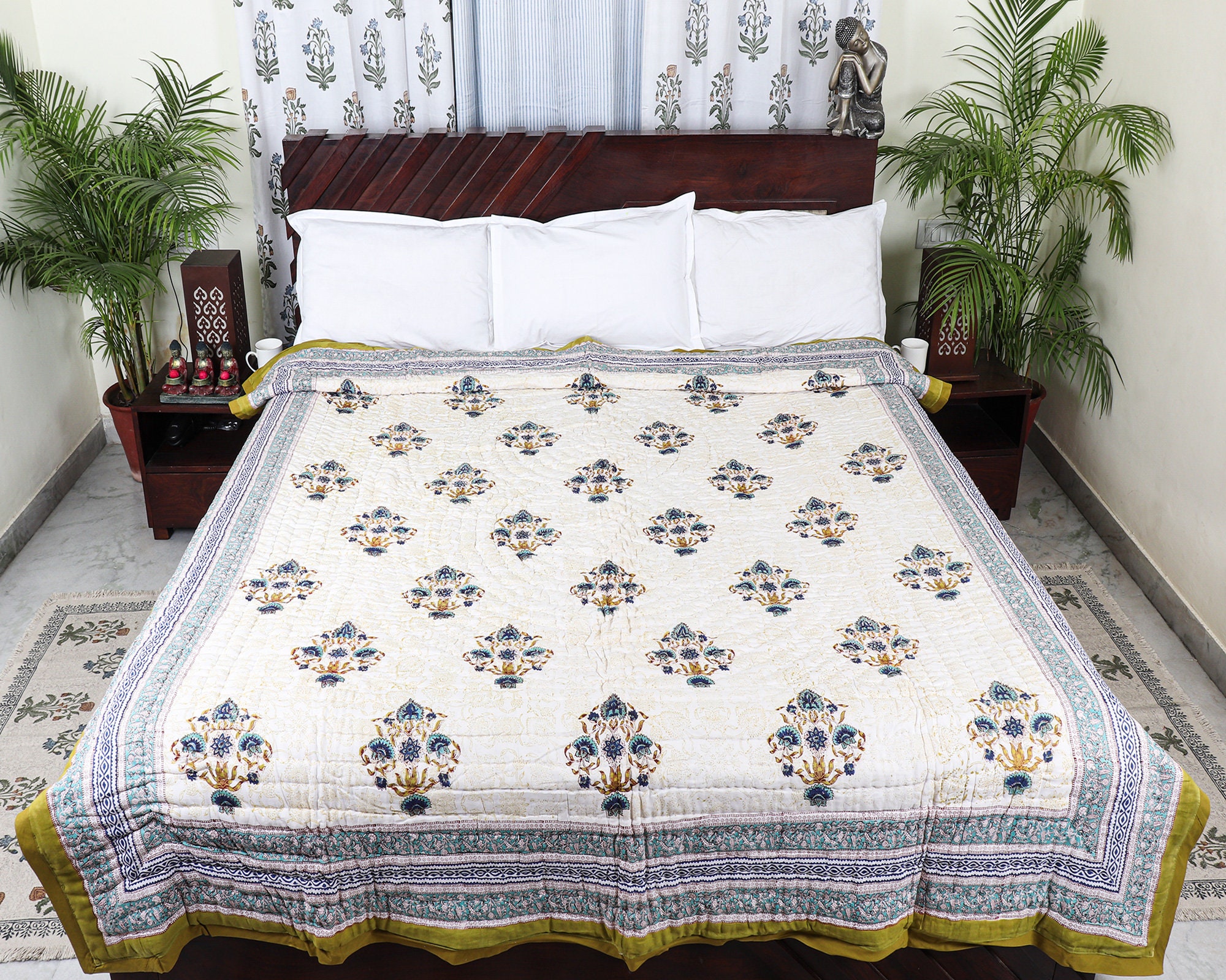 Multicolor Double bed reversible Quilt Block print Indian Etsy