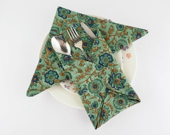 Sage Green, Yale Blue, Peanut Brown Indian Floral Hand Block Printed 100% Pure Cotton Cloth Napkins, Gifting, 9x9"- Cocktail, 20x20"- Dinner