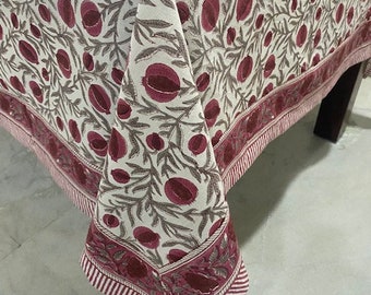 Sangria Red, Cerise Pink Floral Hand Block Printed Tablecloth, Table Cover, Wedding Home Farmhouse Restaurant Party Event Housewarming Patio