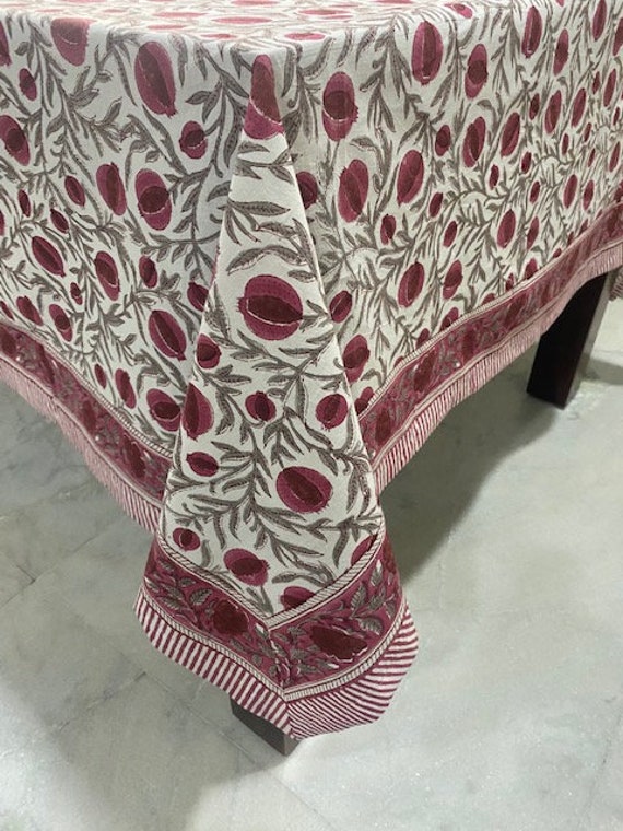 Sangria Red Cerise Pink Floral Hand Block Printed Tablecloth