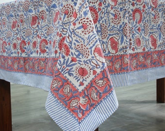 Pigeon Blue and flamingo pink on white Flower Design Hand Block Print Tablecloth Table Cover And Linen Set Gift For Mom and Gift For Her