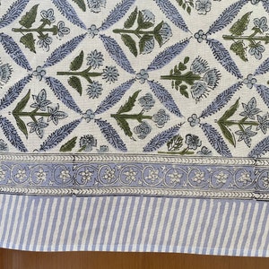 Light Steel Blue, Olive Green Hand Block Printed Cotton Tablecloth, Dining Table Cover Farmhouse Party Wedding Home Housewarming Baby Shower image 3