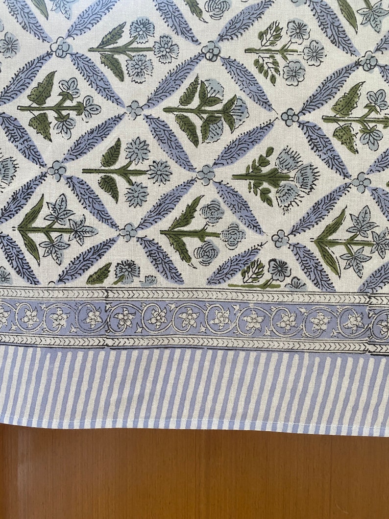 Light Steel Blue, Olive Green Hand Block Printed Cotton Tablecloth, Dining Table Cover Farmhouse Party Wedding Home Housewarming Baby Shower zdjęcie 3